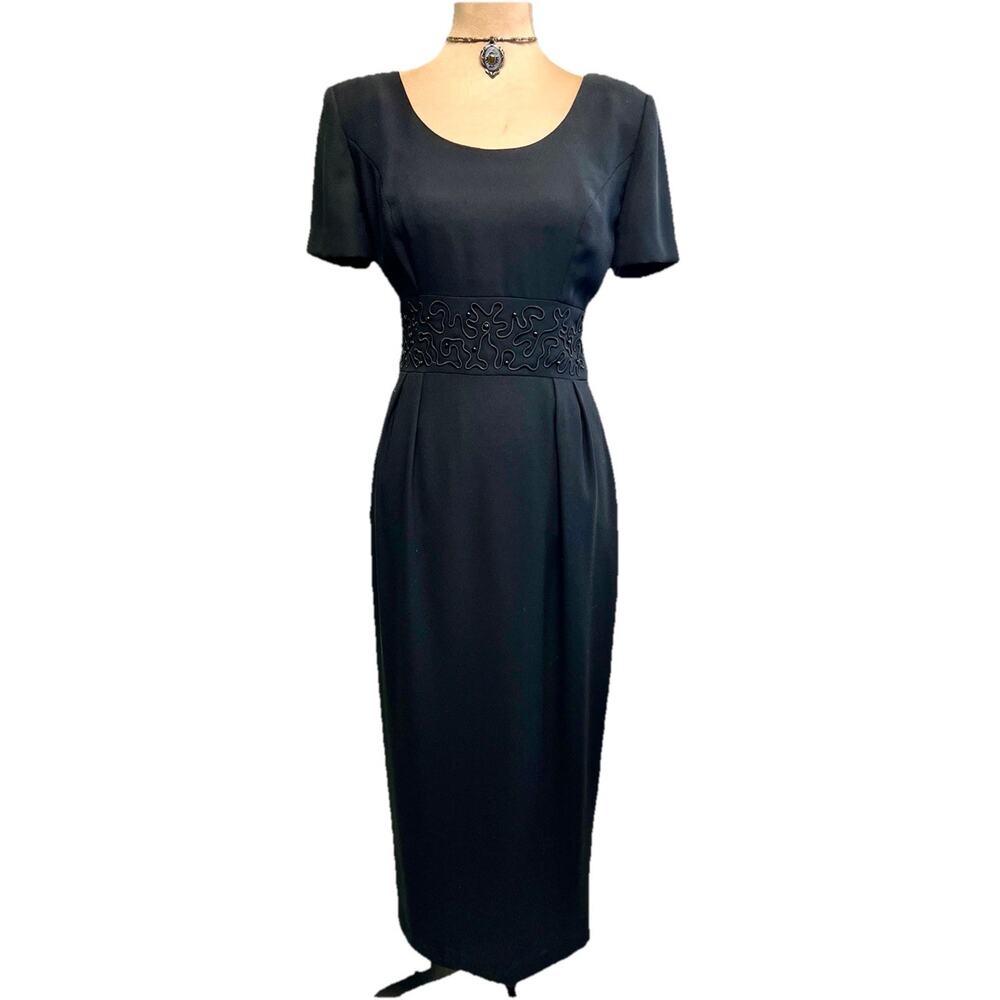 Vintage 90s Maxi Dress Womens Black Beaded Empire Waist Sz 6 Formal Tie Back